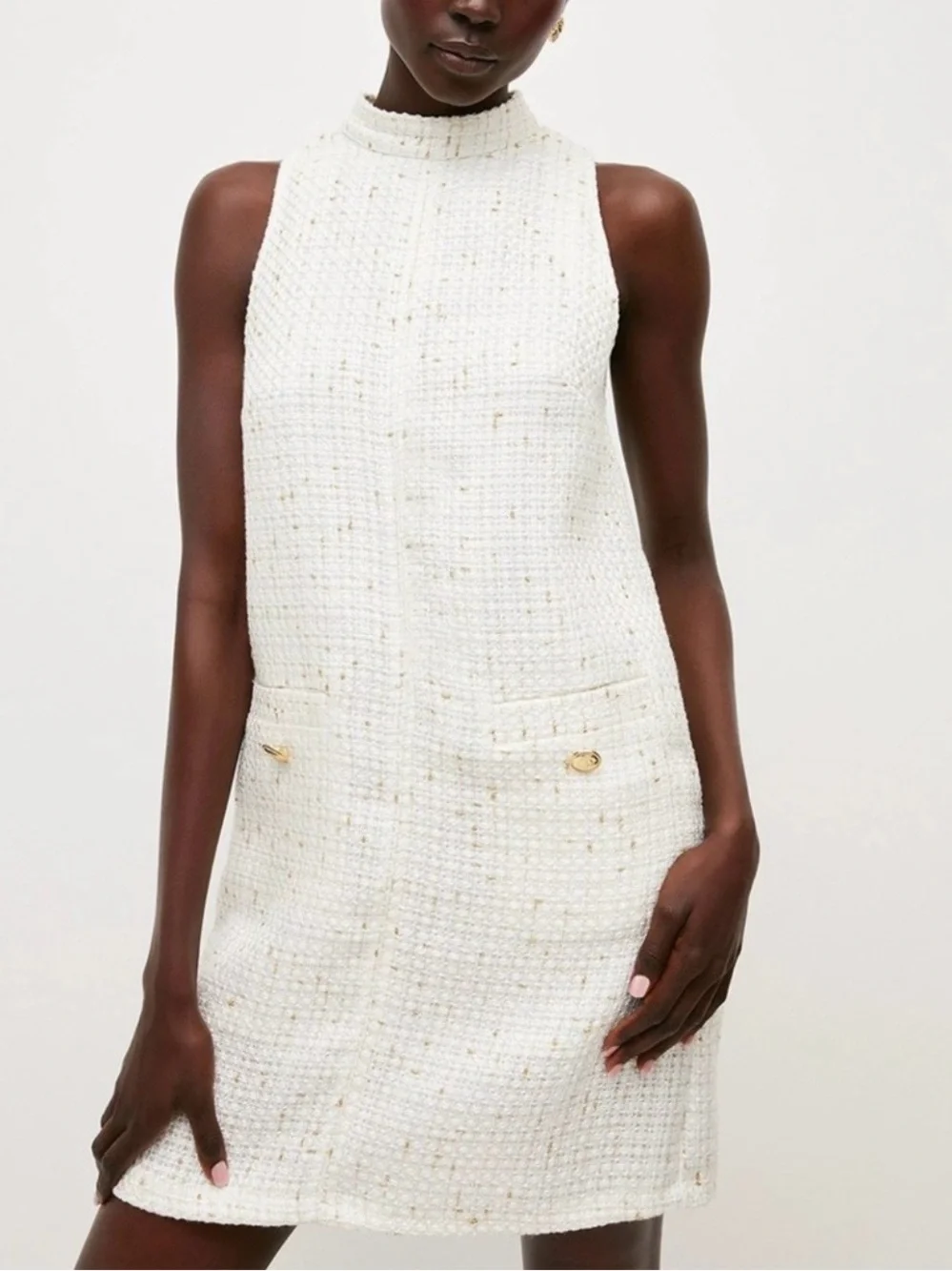 KAREN MILLEN Sleeveless Tweed Mini Dress White with Gold Buttons Size 4 UK8 NWT